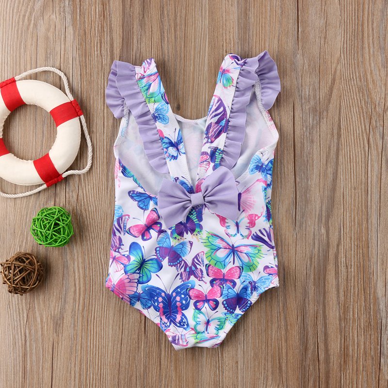 Kids Baby Girls Butterfly Printed Flying Sleeves Swimwear Swimming Costume One Piece Swimsuit - ebowsos