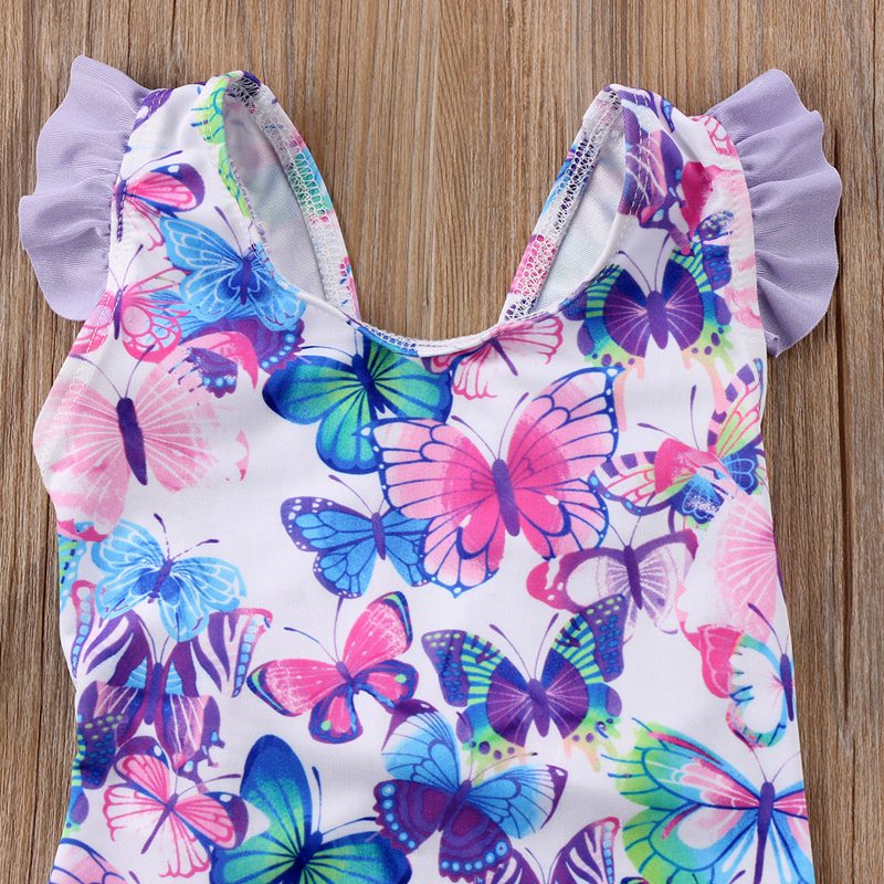 Kids Baby Girls Butterfly Printed Flying Sleeves Swimwear Swimming Costume One Piece Swimsuit - ebowsos