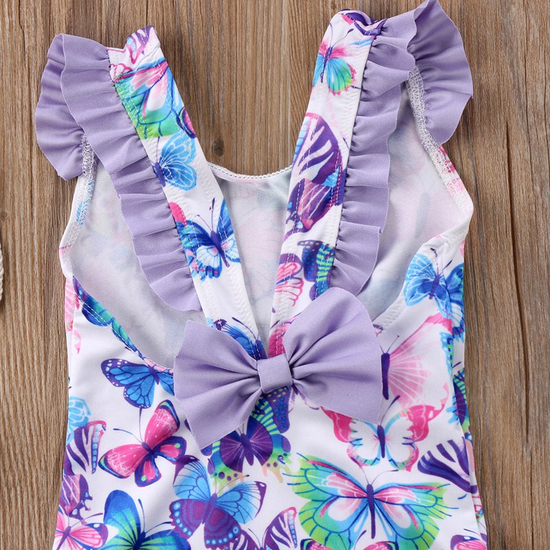 Kids Baby Girls Butterfly Printed Flying Sleeves Swimwear Swimming Costume One Piece Swimsuit - ebowsos