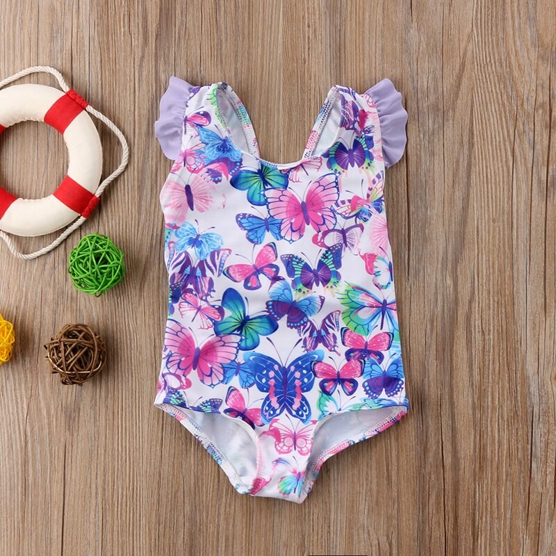 Kids Baby Girls Butterfly Printed Flying Sleeves Swimwear Swimming Costume One Piece Swimsuit - ebowsos