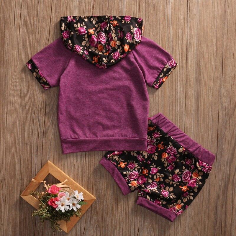 Kids Baby Girls Clothes Floral Outfits Hooded Short Sleeve Tops +Cotton Short Pants Flowers 2Pcs - ebowsos