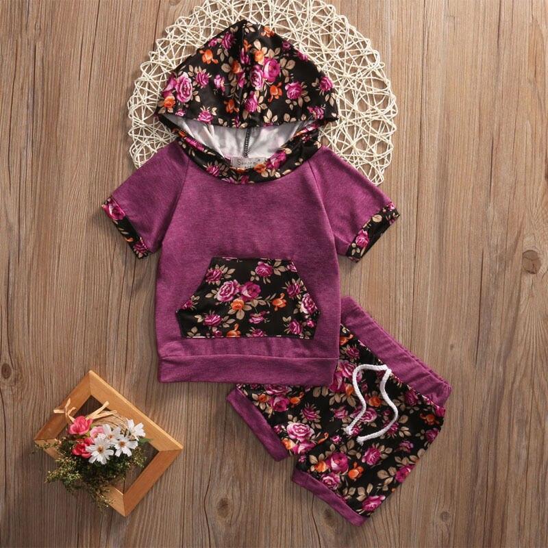 Kids Baby Girls Clothes Floral Outfits Hooded Short Sleeve Tops +Cotton Short Pants Flowers 2Pcs - ebowsos