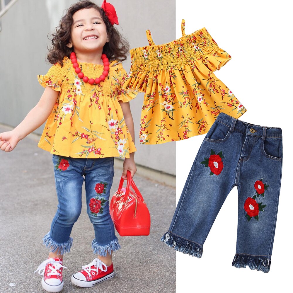 Kids Baby Girls Clothes Flower Off Shoulder Tops Dress+Denim Jeans Pants Overall Outfits 2Pcs Set - ebowsos