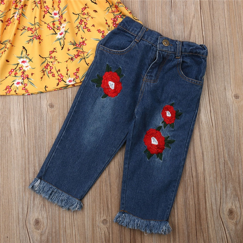 Kids Baby Girls Clothes Flower Off Shoulder Tops Dress+Denim Jeans Pants Overall Outfits 2Pcs Set - ebowsos