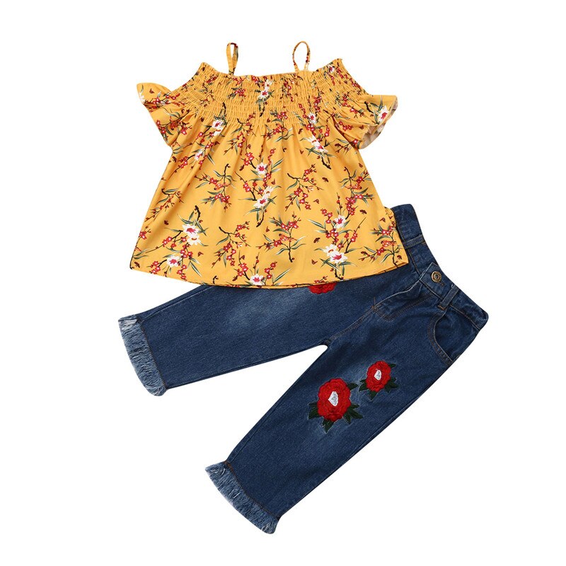 Kids Baby Girls Clothes Flower Off Shoulder Tops Dress+Denim Jeans Pants Overall Outfits 2Pcs Set - ebowsos