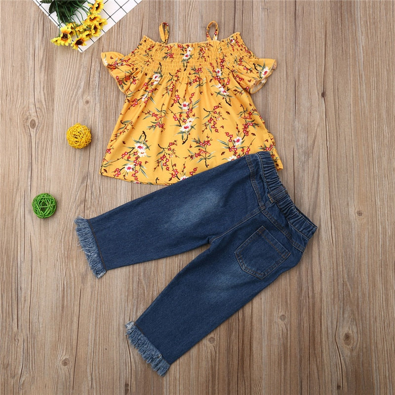 Kids Baby Girls Clothes Flower Off Shoulder Tops Dress+Denim Jeans Pants Overall Outfits 2Pcs Set - ebowsos