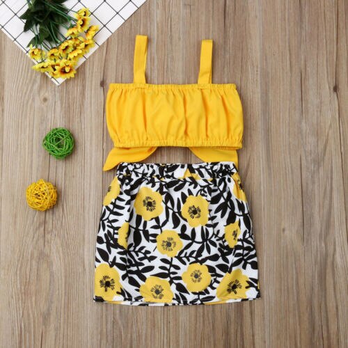 Kids Baby Girls Clothes Sets Yellow Sleeveless Bow Vest Tops Floral Button Skirt Outfits Sunsuit - ebowsos