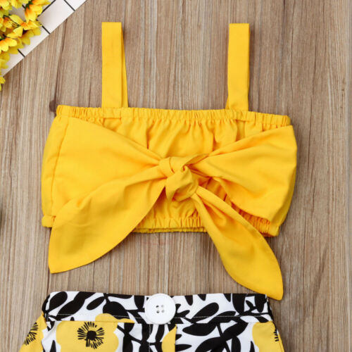 Kids Baby Girls Clothes Sets Yellow Sleeveless Bow Vest Tops Floral Button Skirt Outfits Sunsuit - ebowsos