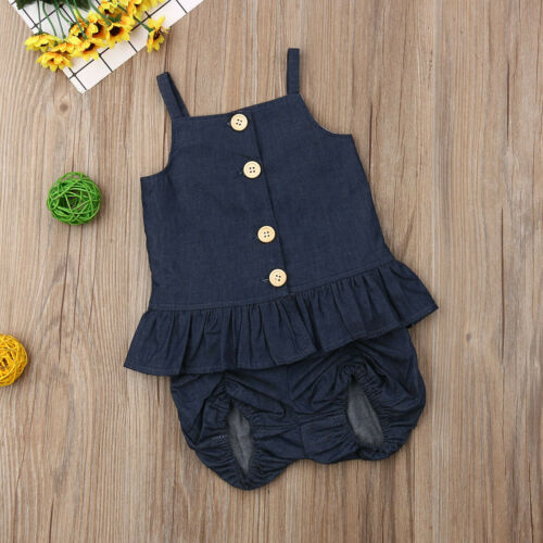 Kids Baby Girls Denim Sleeveless Tops Vest Dress+Shorts Outfits Clothes Set 2Pcs - ebowsos