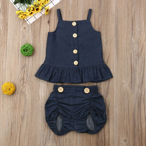 Kids Baby Girls Denim Sleeveless Tops Vest Dress+Shorts Outfits Clothes Set 2Pcs - ebowsos