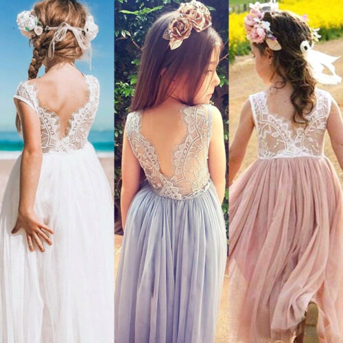 Kids Baby Girls Dress Flower Lace Neck Sleeveless Backless Back V Tulle Party Dress Bridesmaid Pageant Dresses - ebowsos