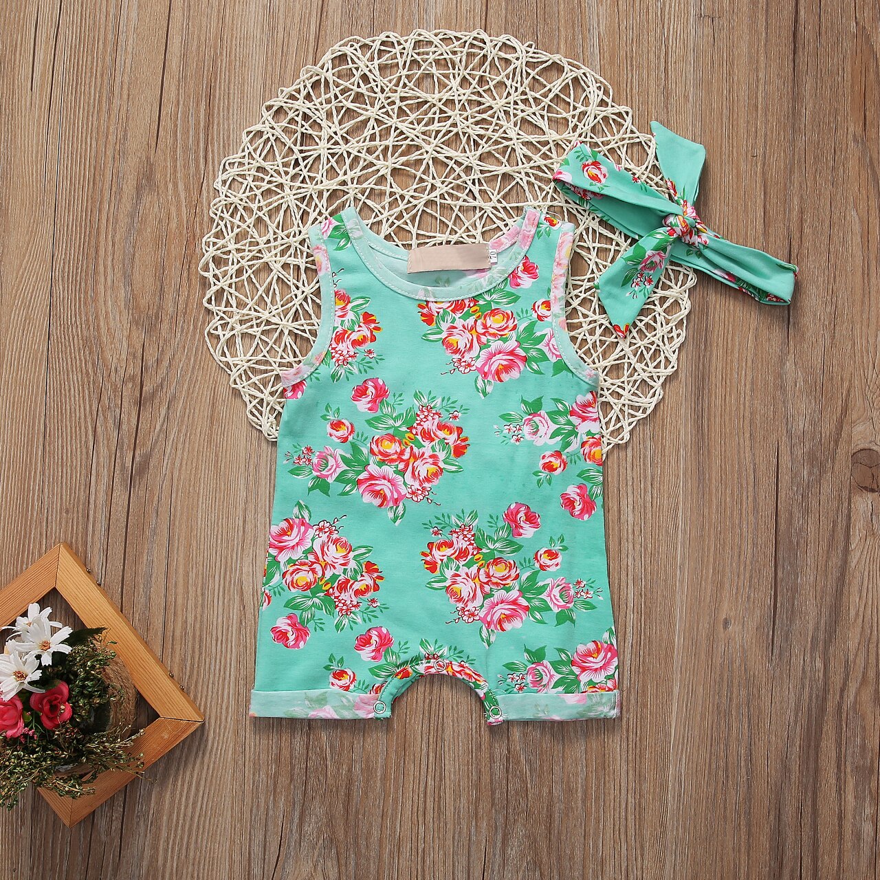 Kids Baby Girls Floral Cotton Sleeveless Rompers Outfits Headband Sunsuit 2Pcs Set 0-24M Summer - ebowsos