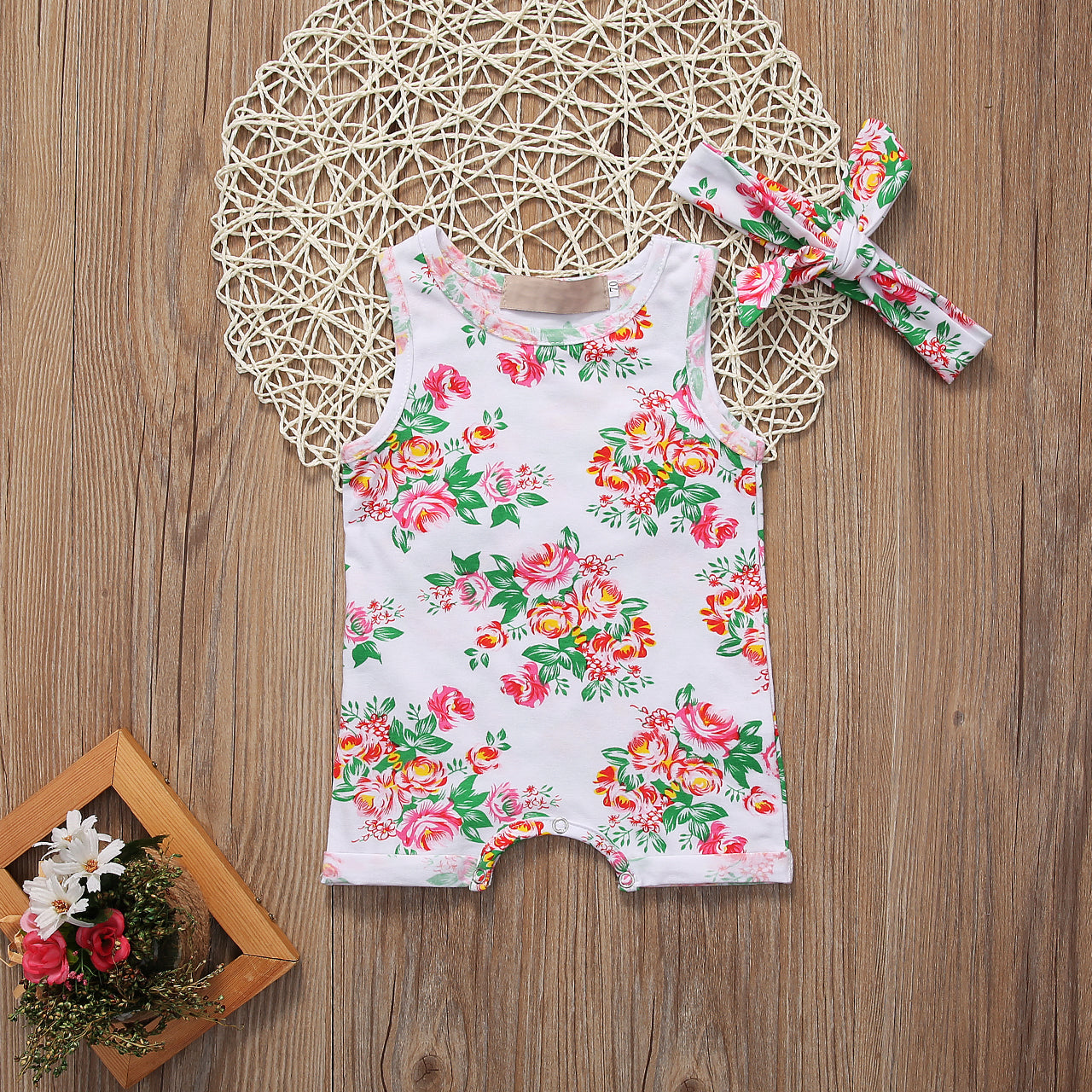 Kids Baby Girls Floral Cotton Sleeveless Rompers Outfits Headband Sunsuit 2Pcs Set 0-24M Summer - ebowsos