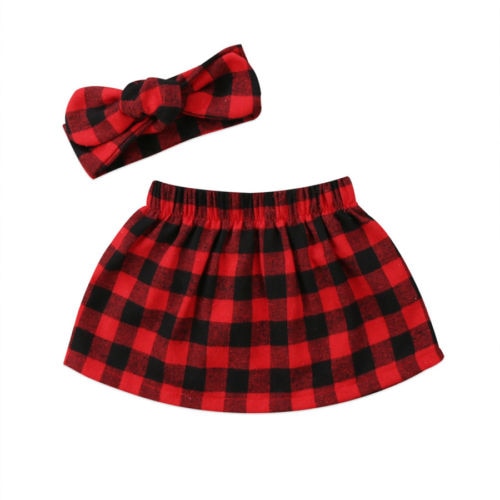 Kids Baby Girls Girl Mini Skirt Plaid+Bow Hat Outfits Set Clothes - ebowsos