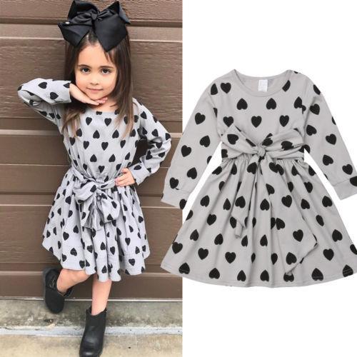 Kids Baby Girls Long Sleeve Dresses Love Pattern Dress Tutu Skirt Bandage Casual Clothes - ebowsos