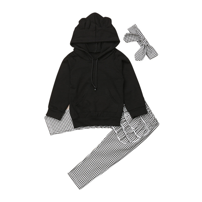 Kids Baby Girls Outfits Clothes 3D Ear Hooded Sweatshirt Long Sleeve Solid Tops Ruffle Plaid Pants Clothes Set - ebowsos