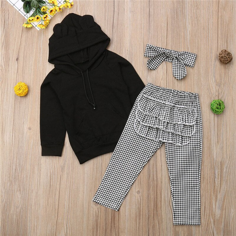 Kids Baby Girls Outfits Clothes 3D Ear Hooded Sweatshirt Long Sleeve Solid Tops Ruffle Plaid Pants Clothes Set - ebowsos