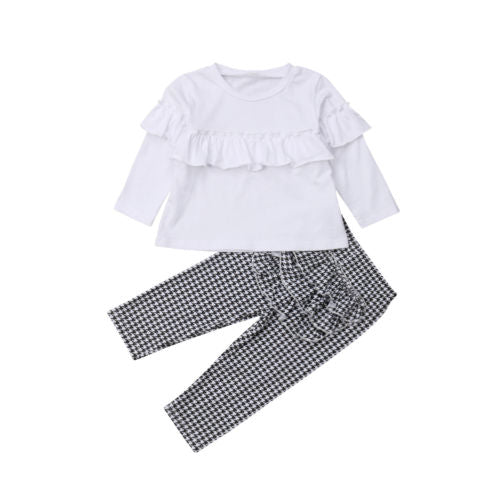 Kids Baby Girls Plaid Outfits Clothes Ruffle T-shirt + Houndstooth Legging 2Pcs Set - ebowsos