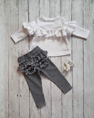 Kids Baby Girls Plaid Outfits Clothes Ruffle T-shirt + Houndstooth Legging 2Pcs Set - ebowsos