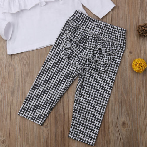 Kids Baby Girls Plaid Outfits Clothes Ruffle T-shirt + Houndstooth Legging 2Pcs Set - ebowsos