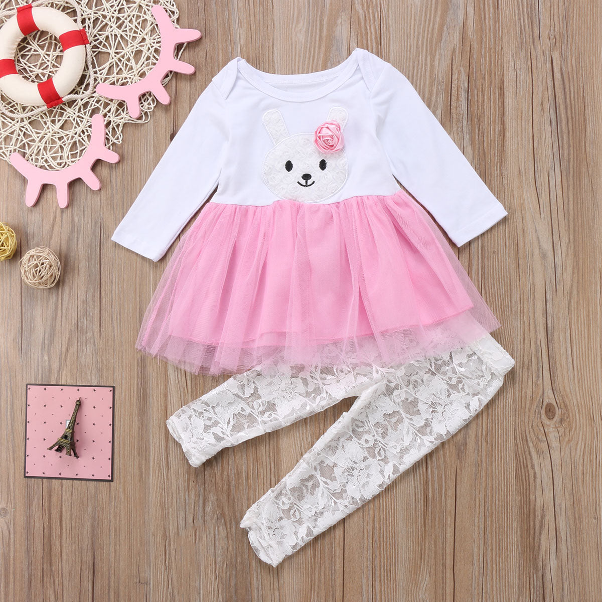 Kids Baby Girls Princess Flower Bunny Lace Shirt Long Sleeve Cotton Cute+Top Pants Outfits Set Clothes - ebowsos