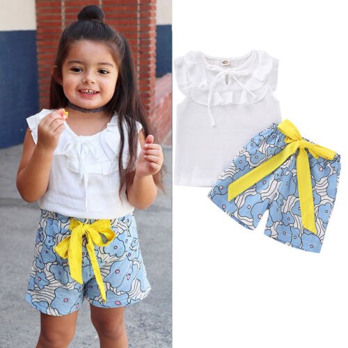 Kids Baby Girls Summer T-shirt Tops+Bow Short Pants Vacation leisure Clothes Sets Hawaiian style - ebowsos