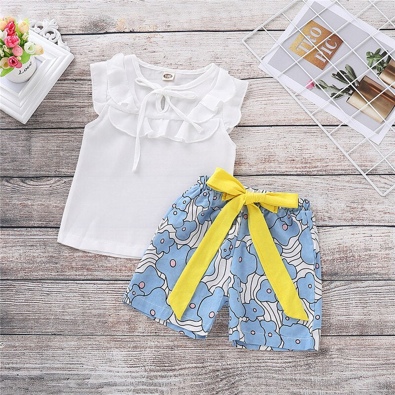 Kids Baby Girls Summer T-shirt Tops+Bow Short Pants Vacation leisure Clothes Sets Hawaiian style - ebowsos