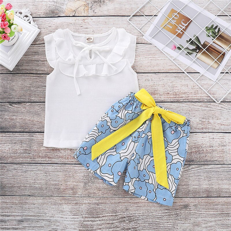 Kids Baby Girls Summer T-shirt Tops+Bow Short Pants Vacation leisure Clothes Sets Hawaiian style - ebowsos