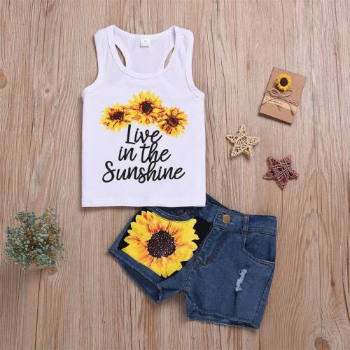 Kids Baby Girls Sweet Letter Vest Floral Tops Sunflower Denim Shorts Outfit Boho Summer New Clothes 2Pcs - ebowsos