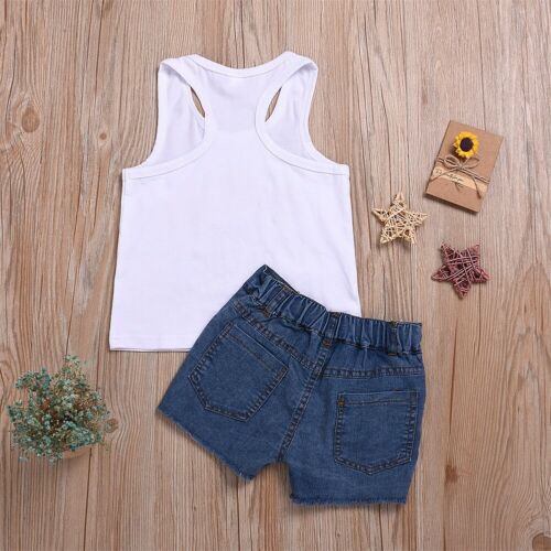 Kids Baby Girls Sweet Letter Vest Floral Tops Sunflower Denim Shorts Outfit Boho Summer New Clothes 2Pcs - ebowsos