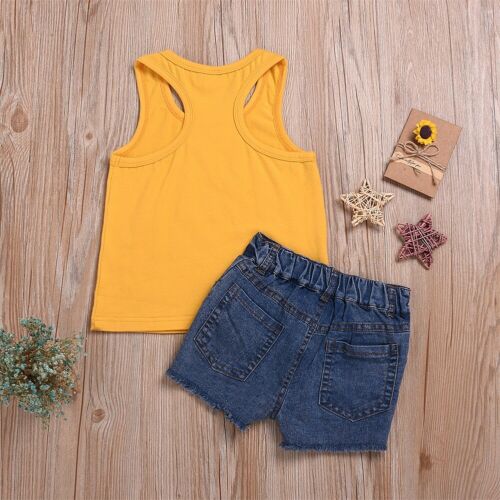 Kids Baby Girls Sweet Letter Vest Floral Tops Sunflower Denim Shorts Outfit Boho Summer New Clothes 2Pcs - ebowsos