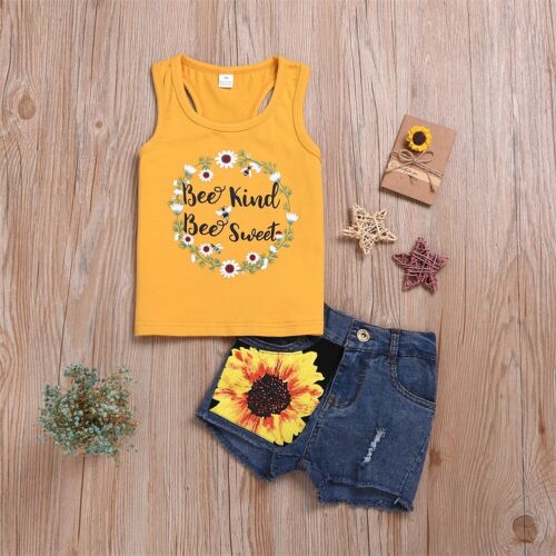 Kids Baby Girls Sweet Letter Vest Floral Tops Sunflower Denim Shorts Outfit Boho Summer New Clothes 2Pcs - ebowsos