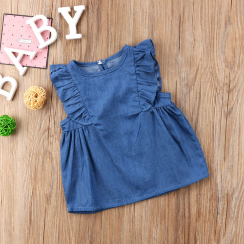 Kids Baby Girls T Shirt Flying Sleeve Demin Top Formal Party Tops Jeans Shirts For Girl Clothes 0-4Y - ebowsos