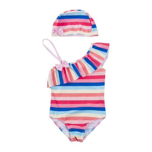 Kids Baby Girls Tankini one piece suimsuit Cute Bow sling Swimwear+Swimming cap Bathing Suit Beach Wear - ebowsos