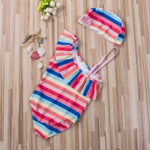 Kids Baby Girls Tankini one piece suimsuit Cute Bow sling Swimwear+Swimming cap Bathing Suit Beach Wear - ebowsos