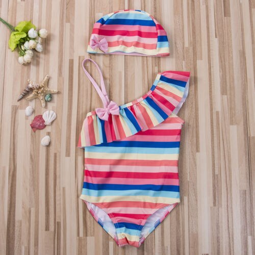 Kids Baby Girls Tankini one piece suimsuit Cute Bow sling Swimwear+Swimming cap Bathing Suit Beach Wear - ebowsos