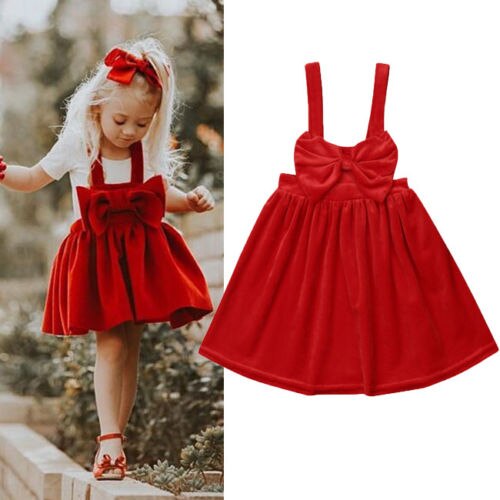 Kids Baby Girls Velvet Princess Bow Dress Party Pageant Dress Suspender Dress - ebowsos