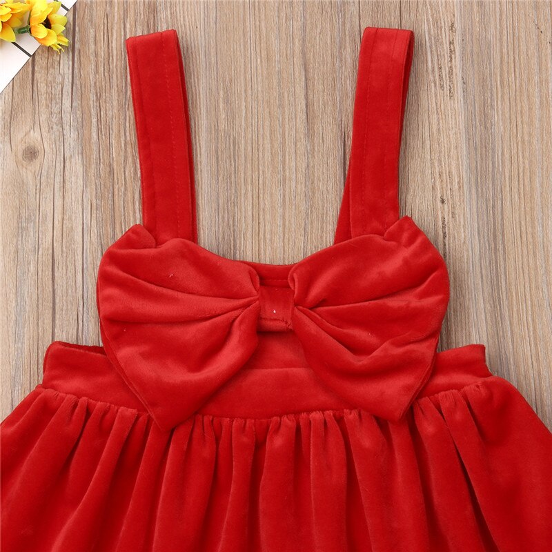 Kids Baby Girls Velvet Princess Bow Dress Party Pageant Dress Suspender Dress - ebowsos