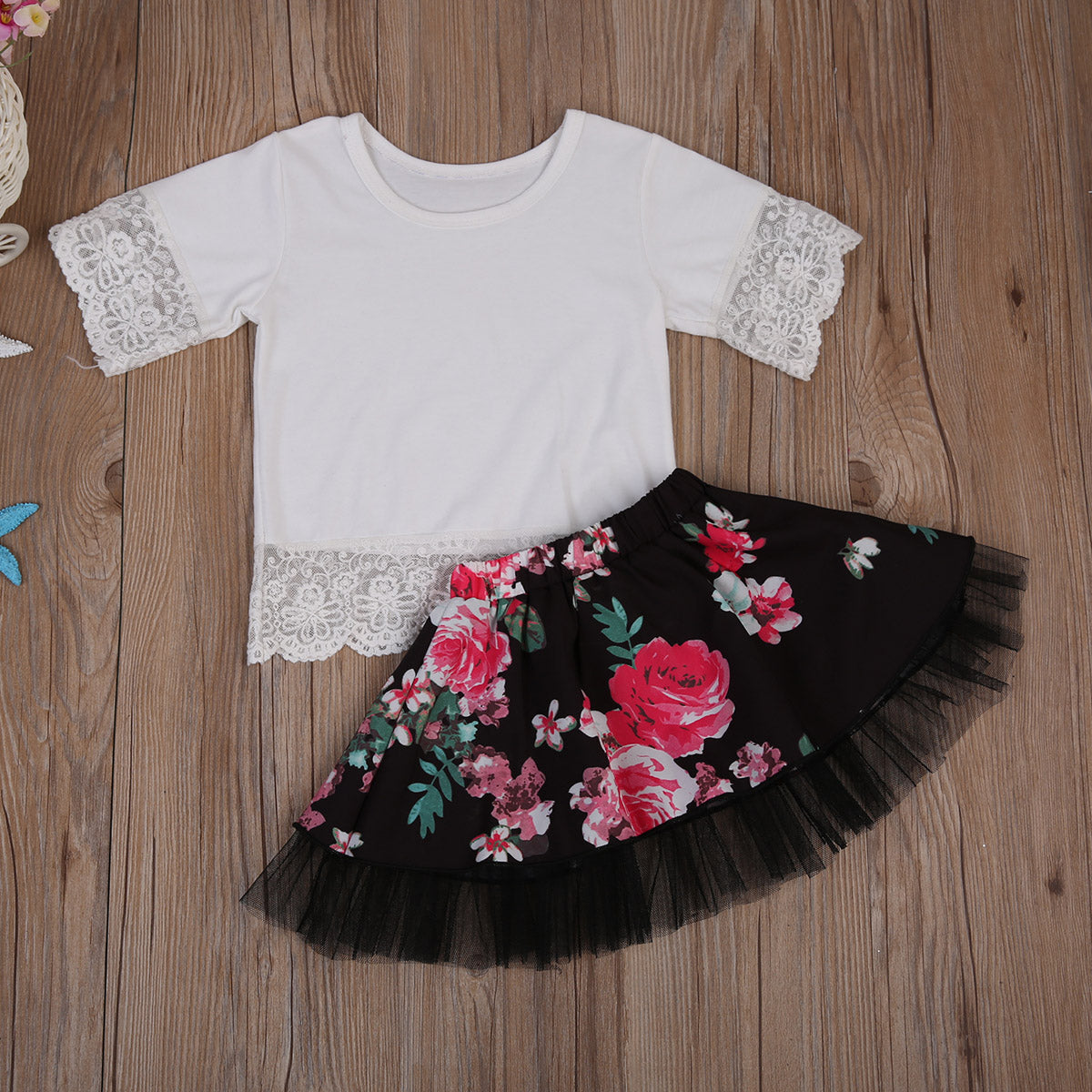 Kids Baby Girls White Lace Tops T shirt+Floral Short Mini Skirt 2pcs Outfits Set - ebowsos