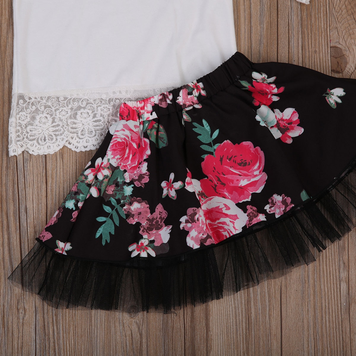 Kids Baby Girls White Lace Tops T shirt+Floral Short Mini Skirt 2pcs Outfits Set - ebowsos