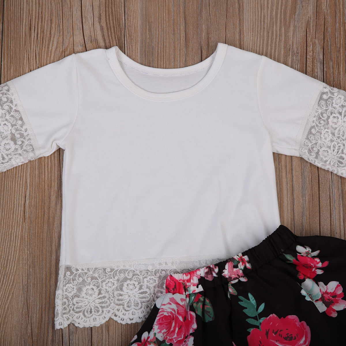 Kids Baby Girls White Lace Tops T shirt+Floral Short Mini Skirt 2pcs Outfits Set - ebowsos