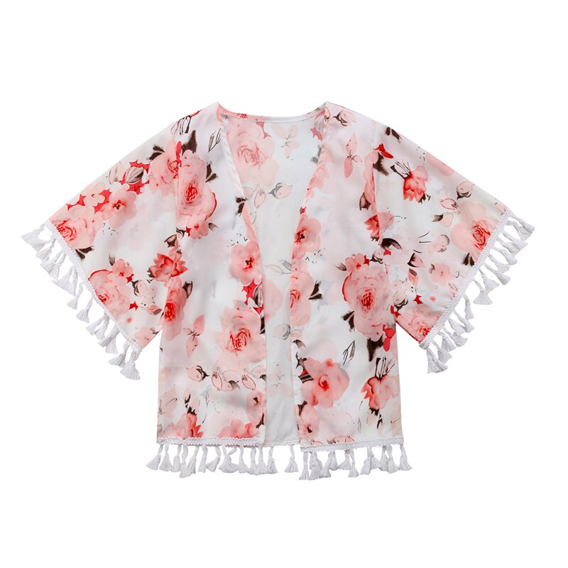 Kids Chiffon Cardigan Summer Baby Tassel Blouse Outfits Toddler Floral Baby Girl Kimonos Coats Shirts - ebowsos