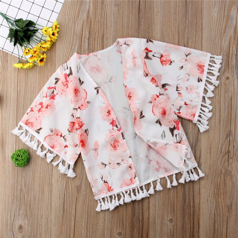 Kids Chiffon Cardigan Summer Baby Tassel Blouse Outfits Toddler Floral Baby Girl Kimonos Coats Shirts - ebowsos