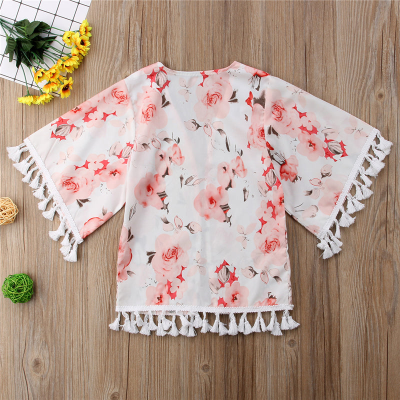 Kids Chiffon Cardigan Summer Baby Tassel Blouse Outfits Toddler Floral Baby Girl Kimonos Coats Shirts - ebowsos