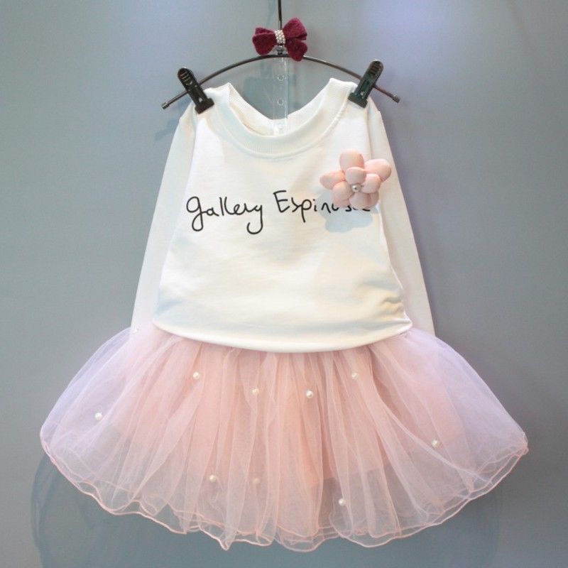 Kids Dresses For Girls Spring Princess Baby Girls Tops T-shirt+Tulle  2pcs Outfits Set Dresses Clothes - ebowsos