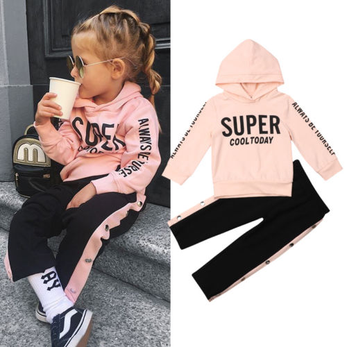 Kids Girl 2 Piece Set Clothes Autumn Warm Hoodies Set Tracksuit Long Sleeve Hooded Sweatshirt + Buckle Long Trackpants - ebowsos