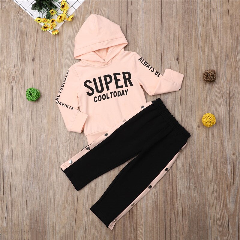 Kids Girl 2 Piece Set Clothes Autumn Warm Hoodies Set Tracksuit Long Sleeve Hooded Sweatshirt + Buckle Long Trackpants - ebowsos