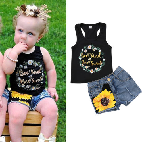 Kids Girl Clothes 2Pcs Sleeveless Floral Vest Tops+Sunflower Ripped Denim Shorts Jean Outfit Set - ebowsos