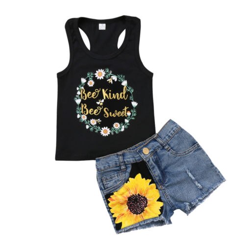 Kids Girl Clothes 2Pcs Sleeveless Floral Vest Tops+Sunflower Ripped Denim Shorts Jean Outfit Set - ebowsos