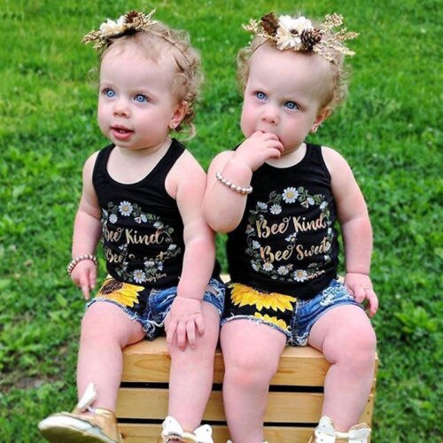 Kids Girl Clothes 2Pcs Sleeveless Floral Vest Tops+Sunflower Ripped Denim Shorts Jean Outfit Set - ebowsos